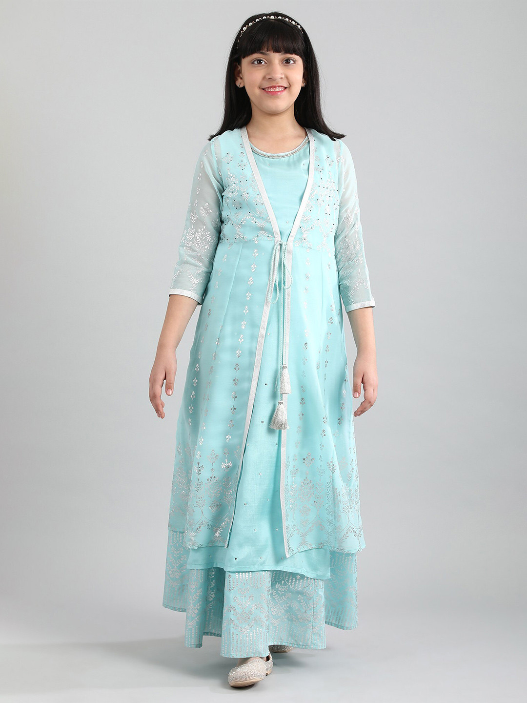 

AURELIA Girls Blue & Silver-Toned Ethnic Motifs Self Design Kurta Set