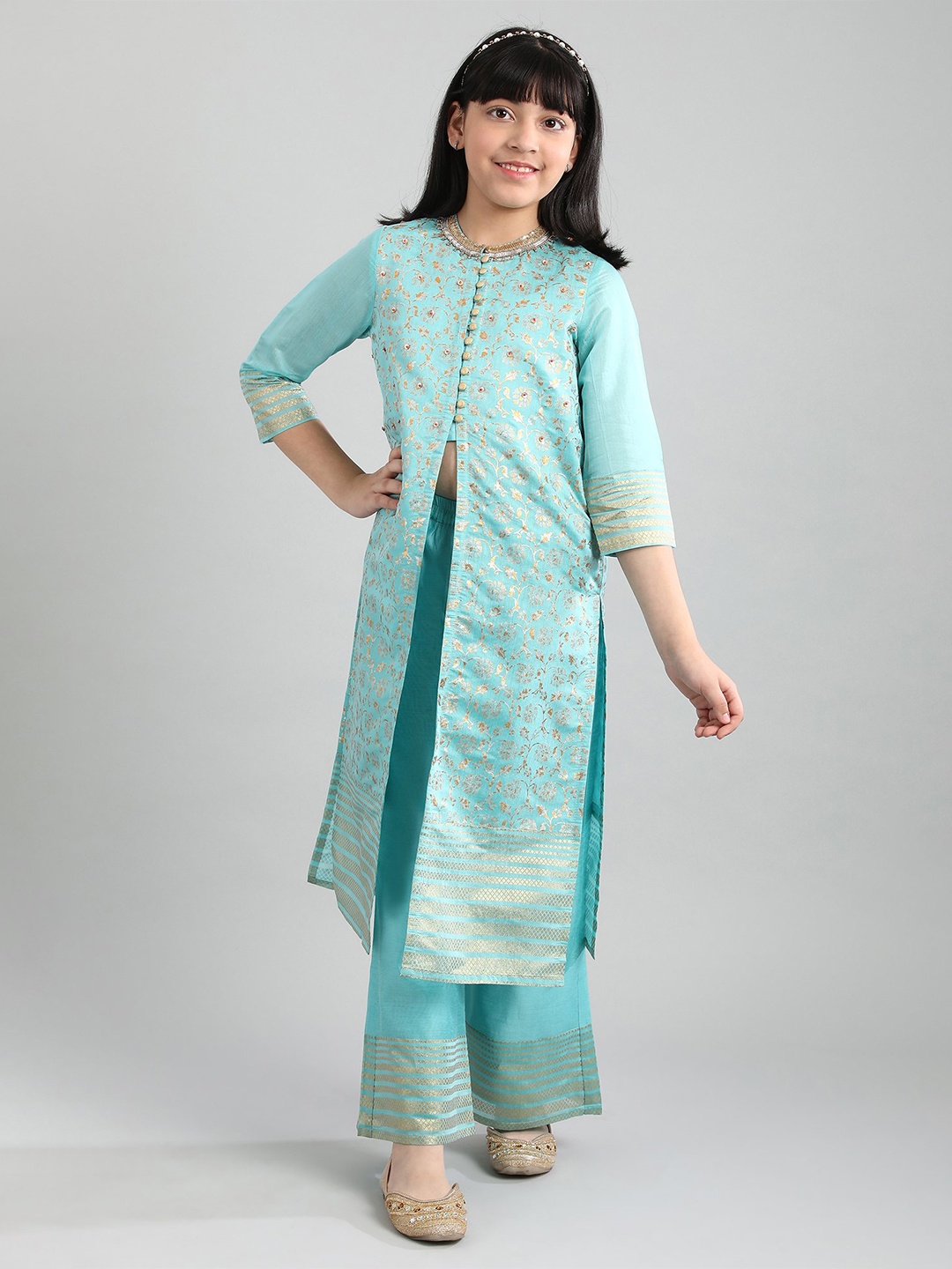 

AURELIA Girls Blue Ethnic Motifs High Slit Beads and Stones Kurta with Palazzos