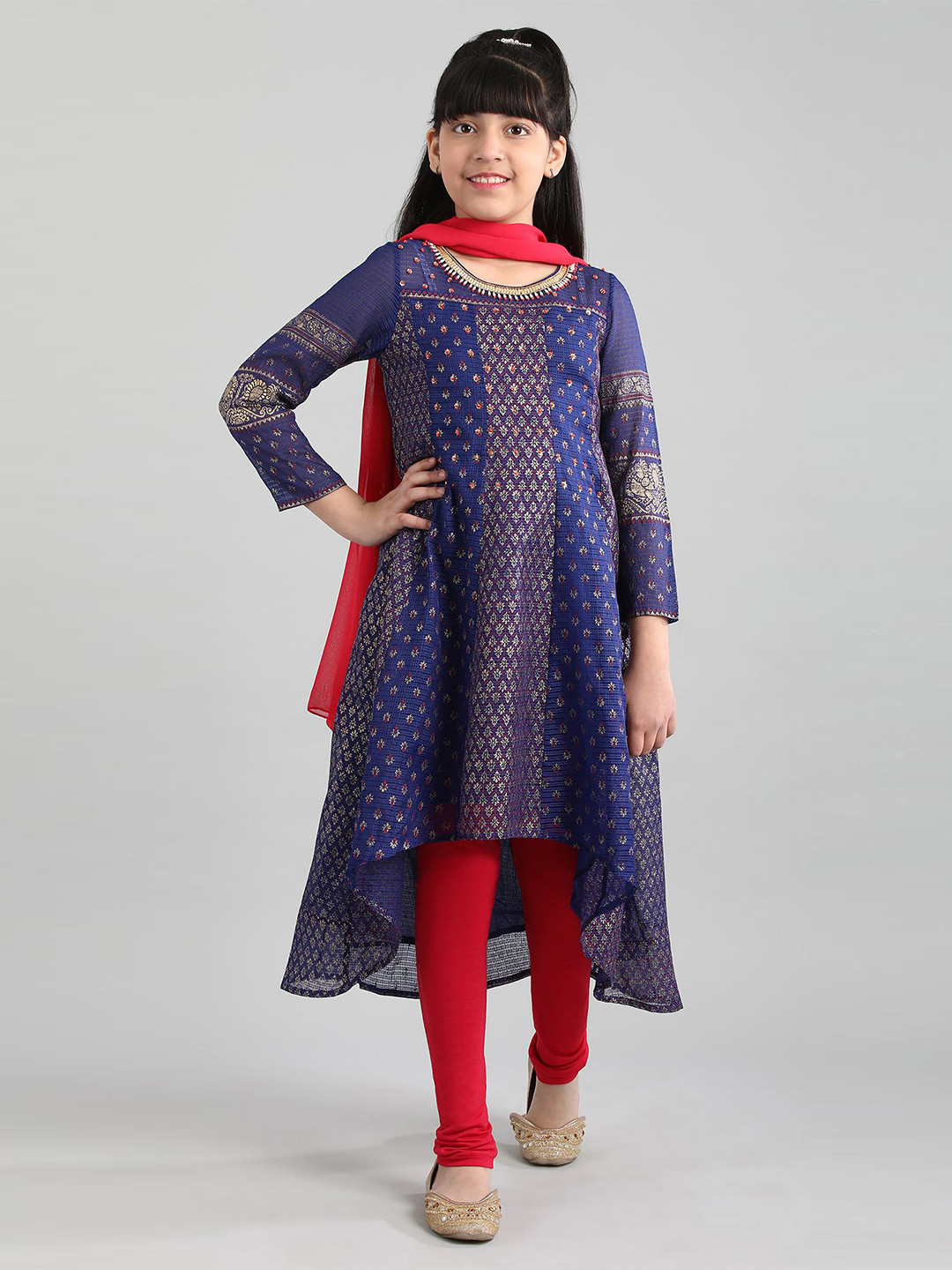

AURELIA Girls Blue Ethnic Motifs Printed Kurta With Dupatta