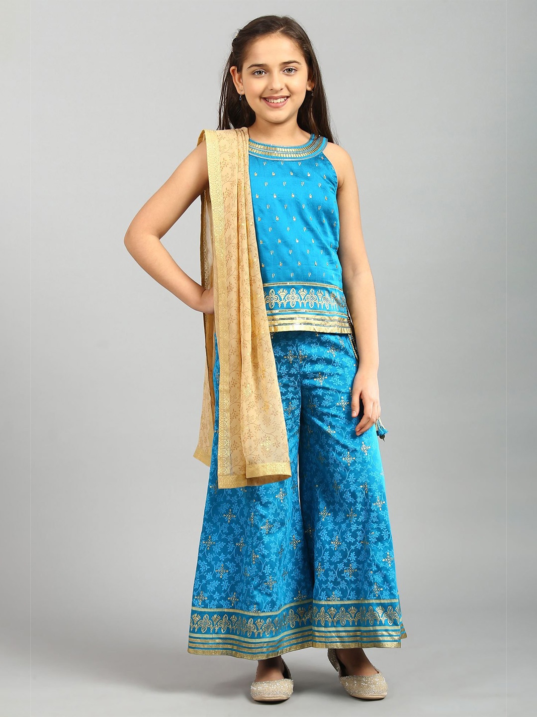 

AURELIA Girls Blue Ethnic Motifs Printed Sequinned Kurti with Palazzos & Dupatta