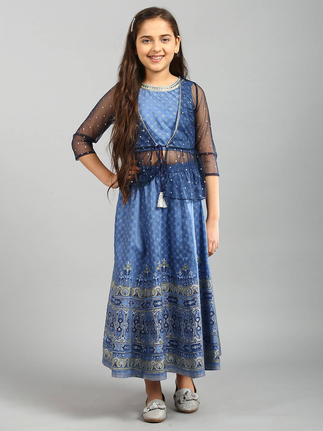 

AURELIA Girls Blue Printed Top with Skirt