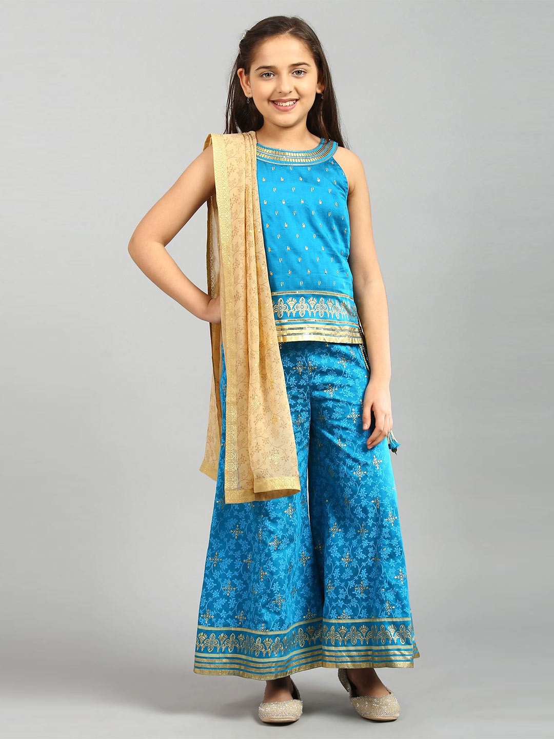 

AURELIA Girls Blue Ethnic Motifs Printed Sequinned Kurti with Palazzos & Dupatta