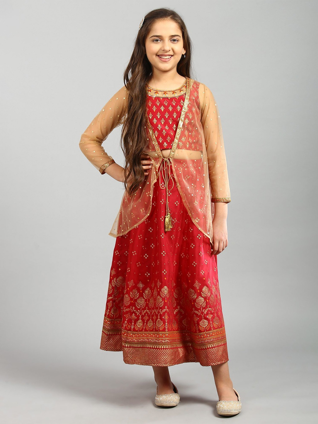

AURELIA Girls Maroon Printed Top with Skirt