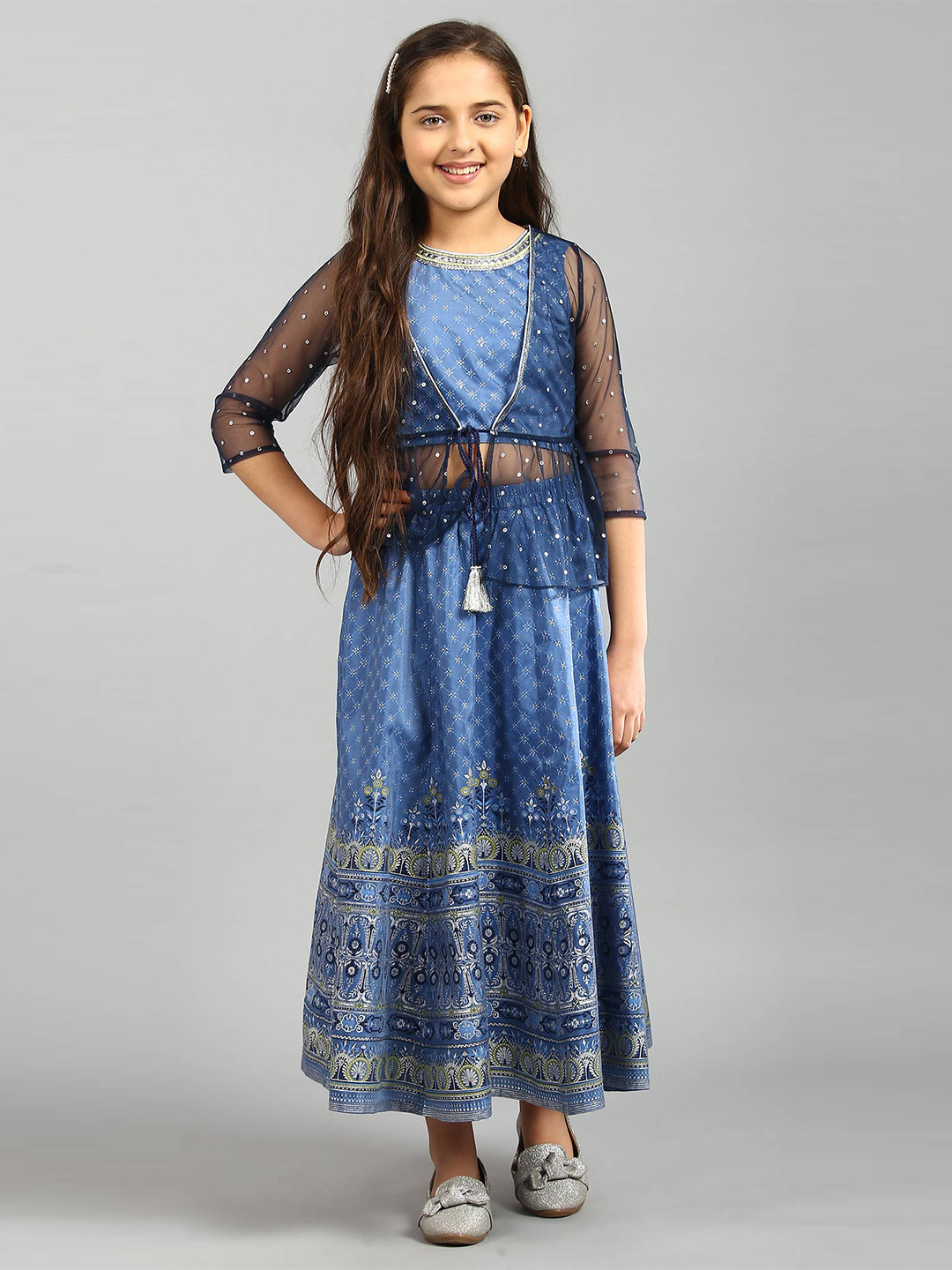 

AURELIA Girls Blue & White Printed Top with Skirt & Ethnic Jacket