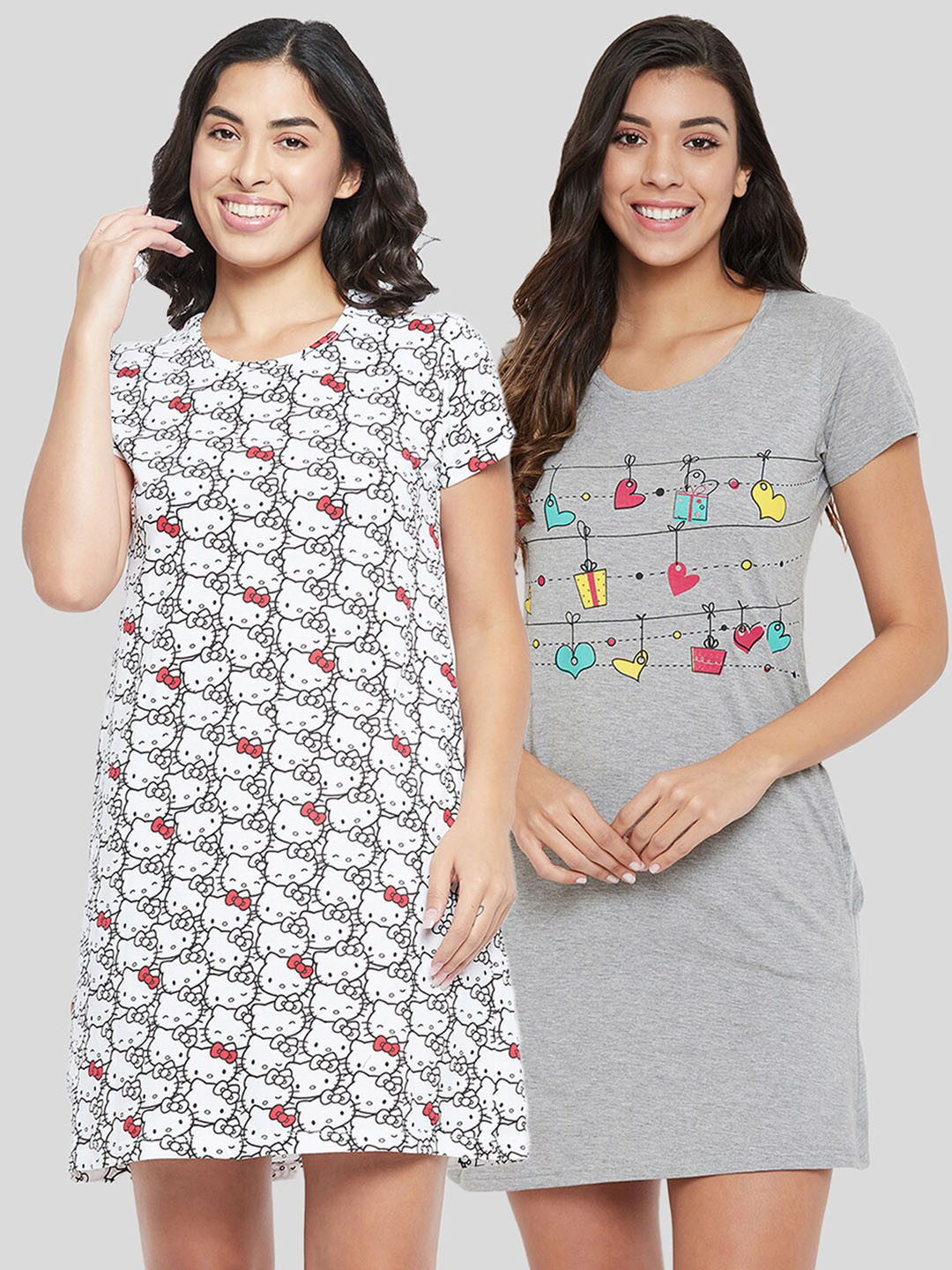 

Clovia Women Pack Of 2 Grey & Pink Printed Pure Cotton Everyday Nightdress