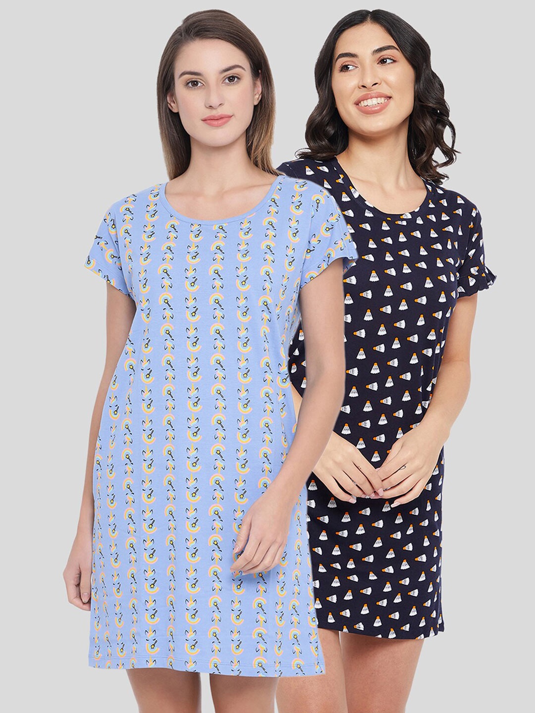 

Clovia Pack of 2 Printed Cotton Nightdress, Blue