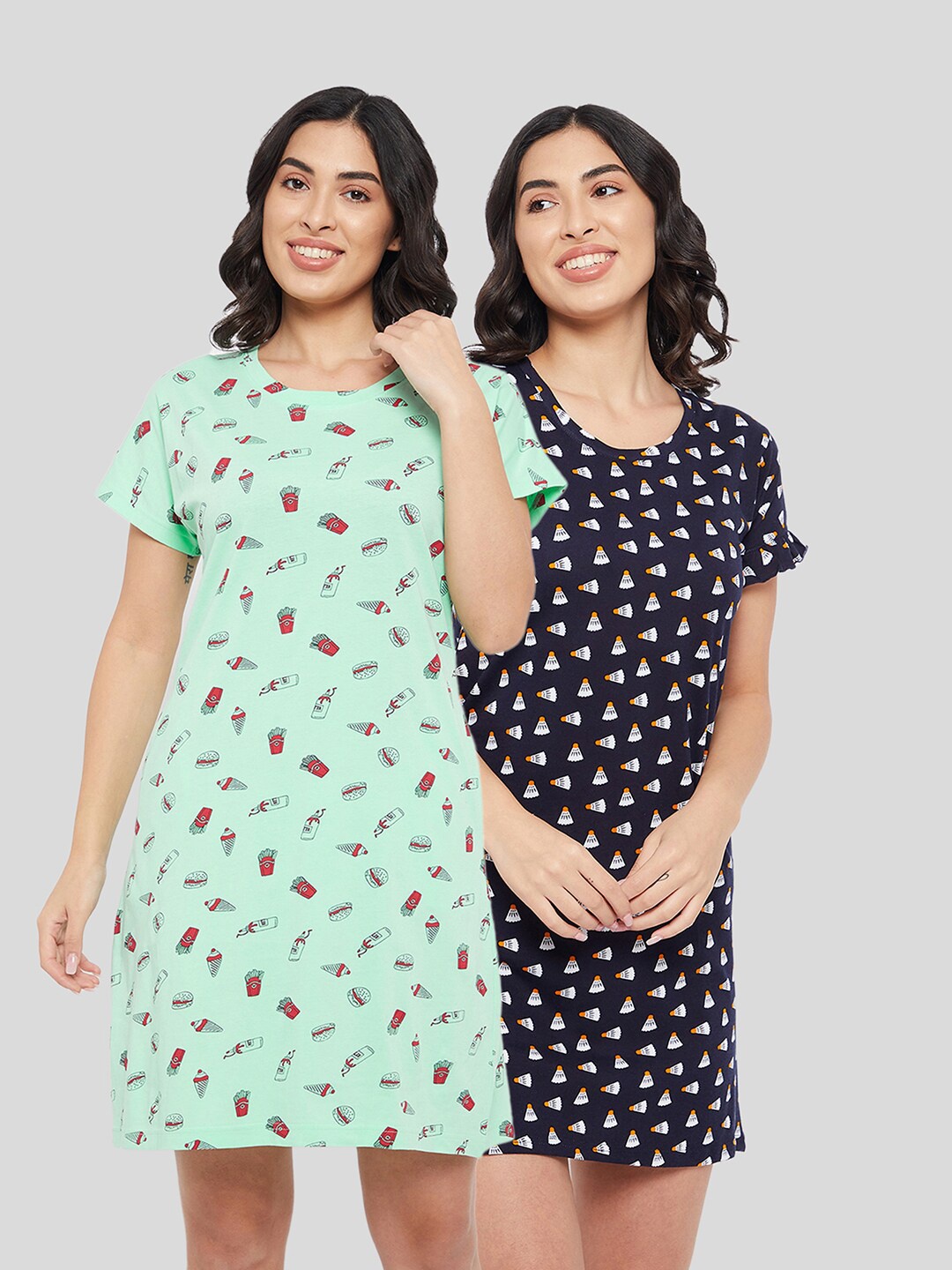 

Clovia Set of 2 Sea Green & Navy Blue Printed Cotton Nightdress