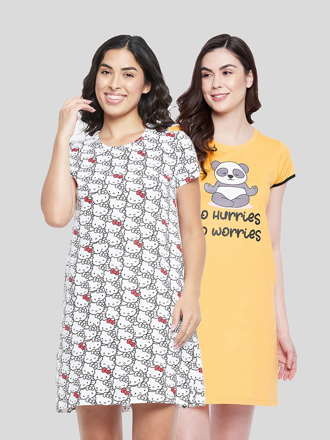 

Clovia Pack of 2 Printed Pure Cotton Nightdress, White