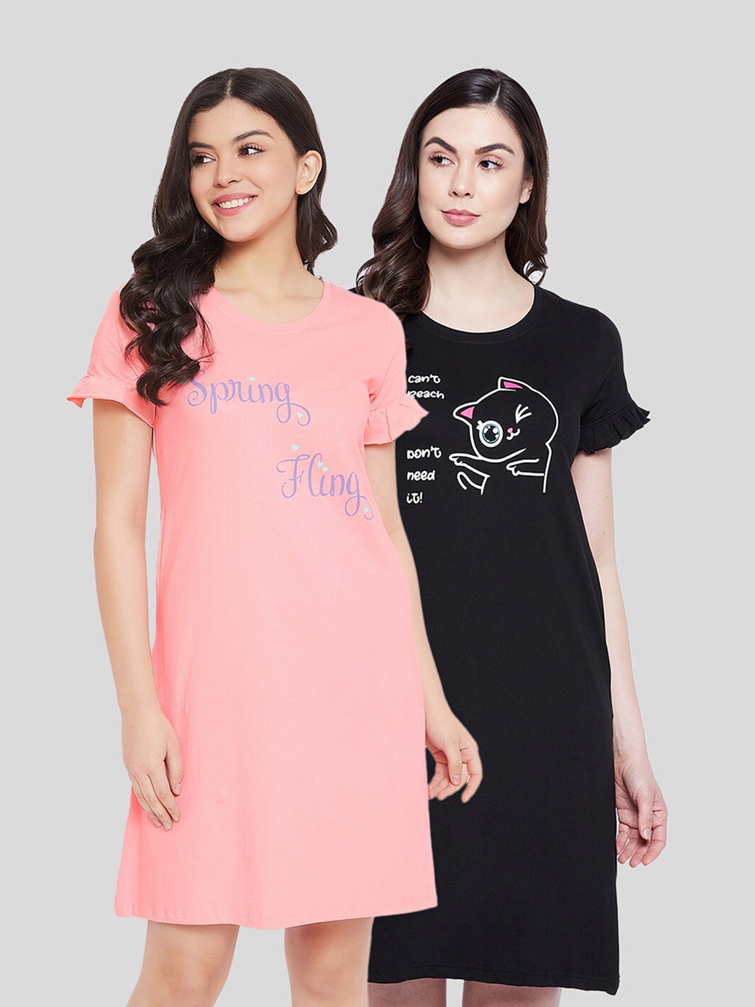 

Clovia Pack of 2 Printed Nightdress, Pink