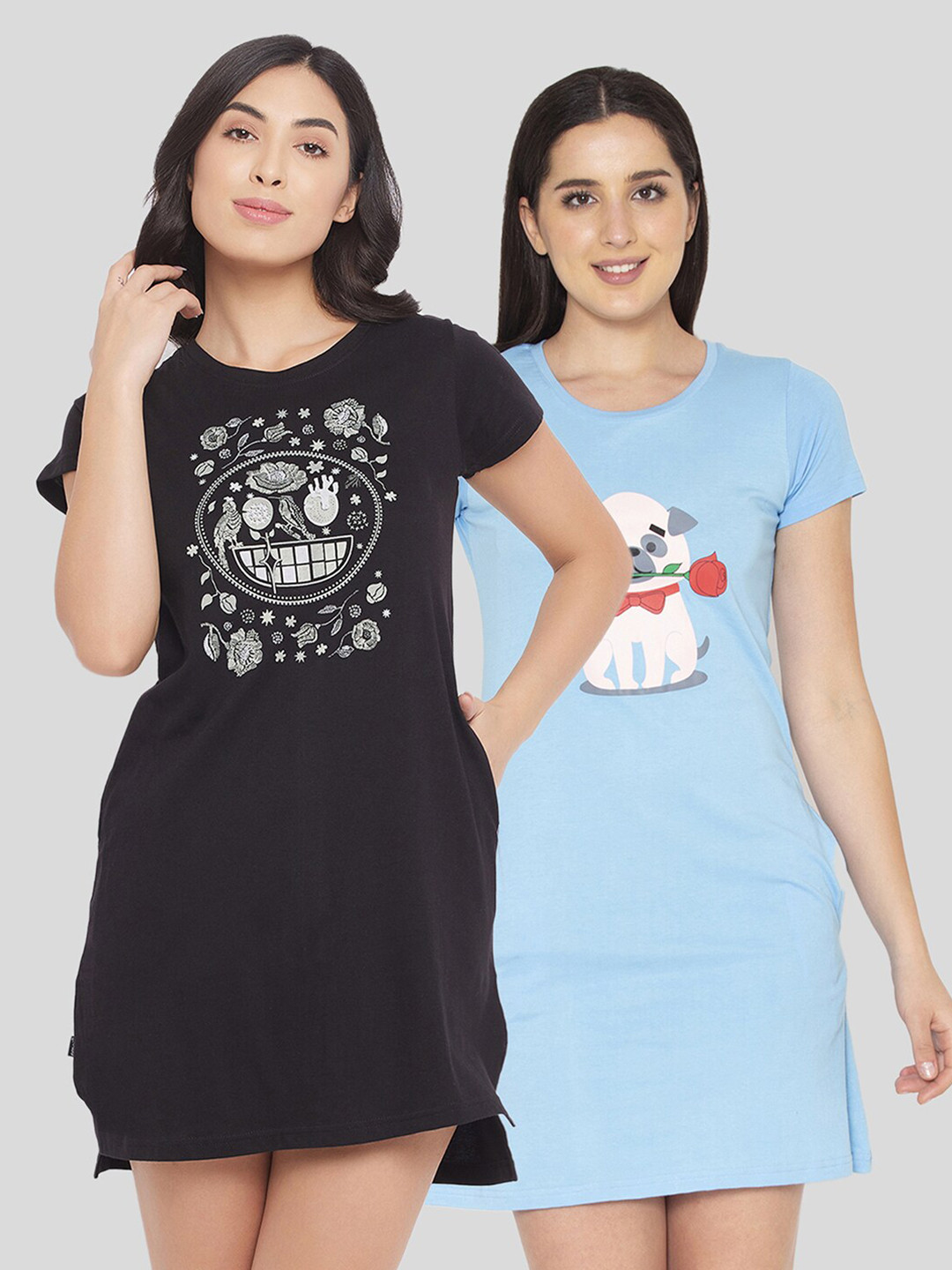 

Clovia Set of 2 Turquoise Blue & Black Printed Cotton Nightdress