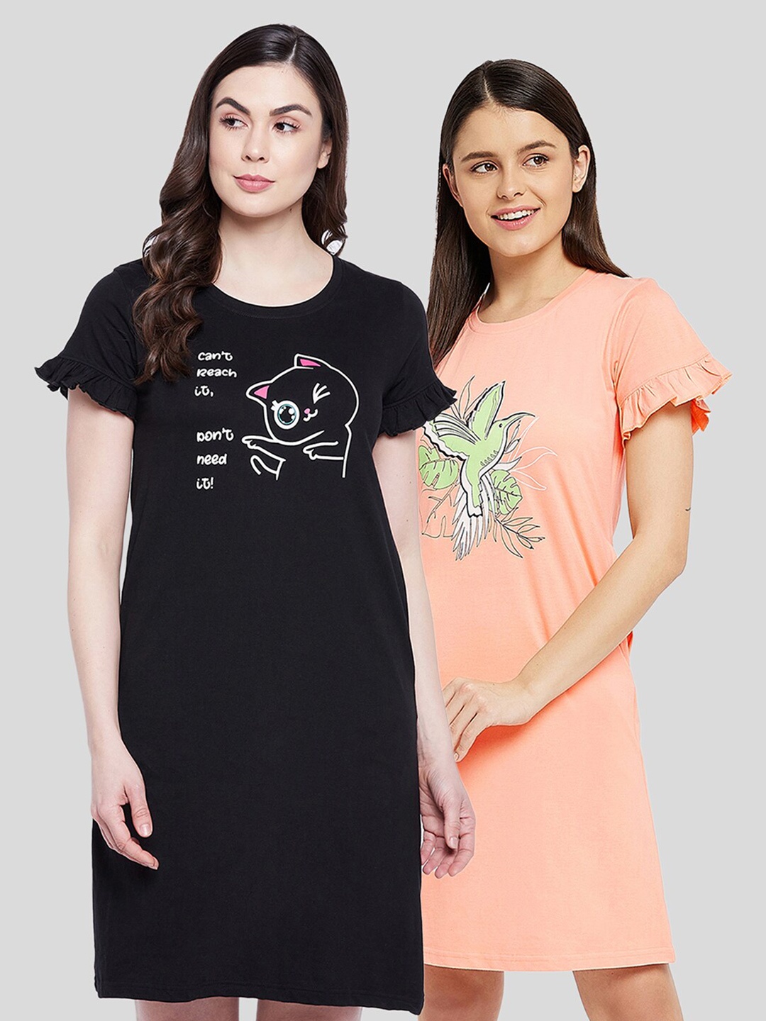 

Clovia Pack of 2 Printed Cotton T-shirt Nightdresses, Peach