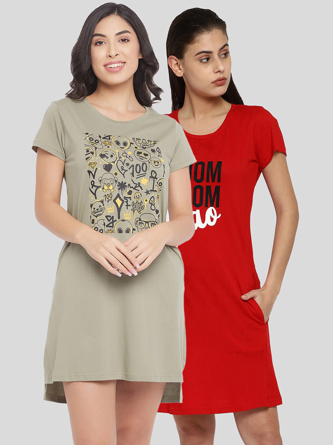 

Clovia Pack of 2 Printed Pure Cotton Nightdress, Grey