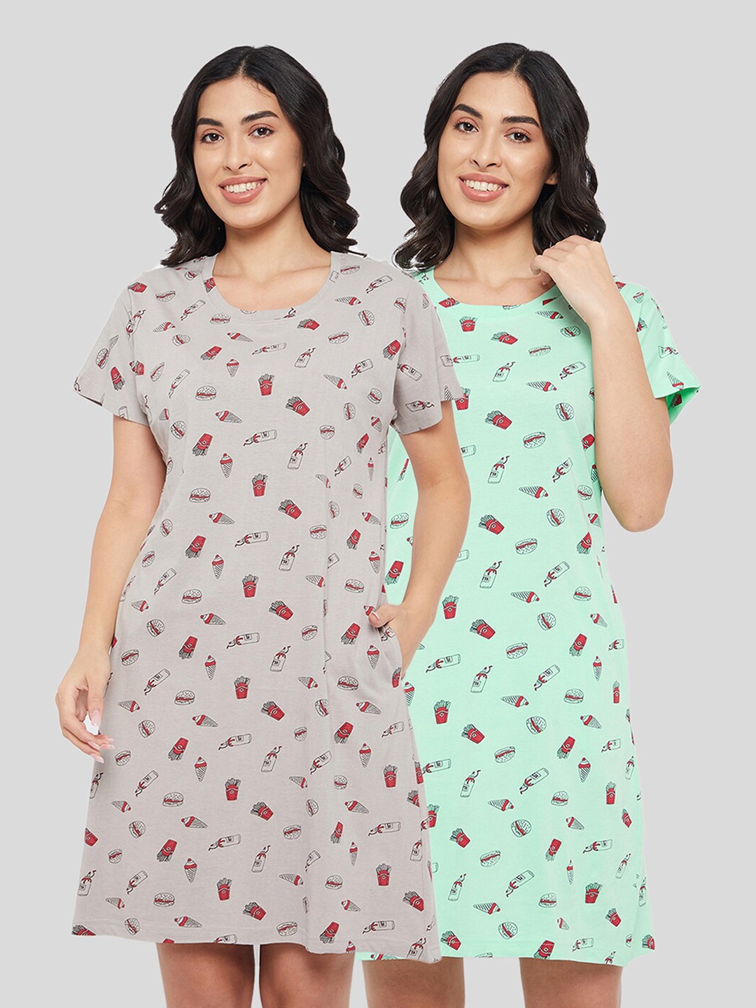 

Clovia Women Pack of 2 Green Printed Cotton T-shirt Nightdress