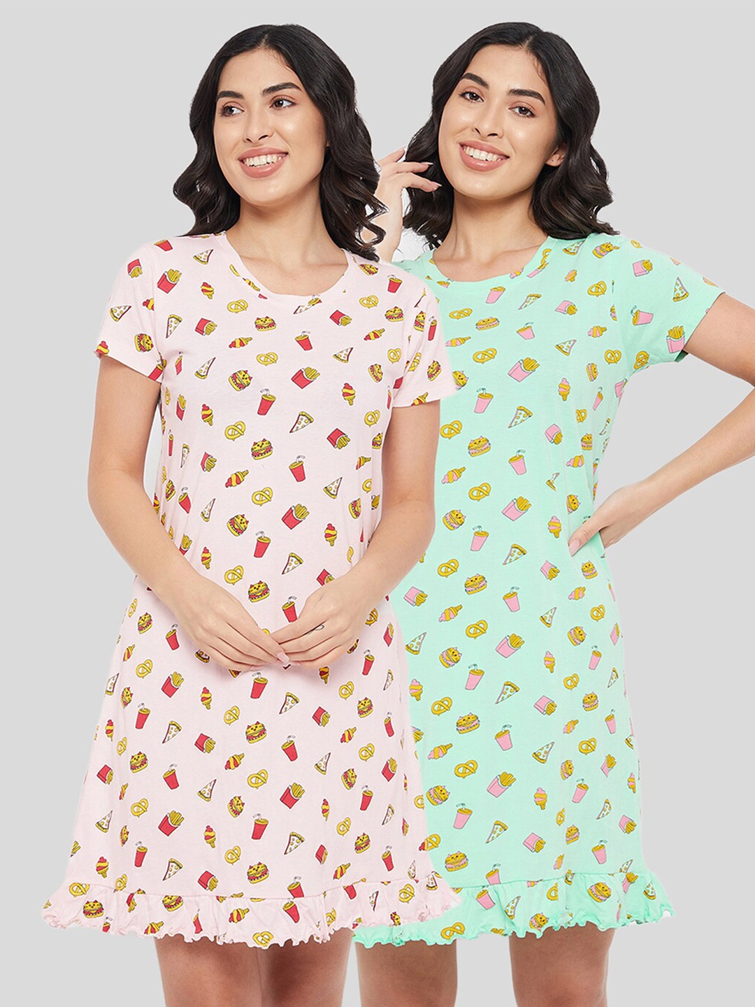 

Clovia Set of 2 Pink & Sea Green Printed Cotton Nightdress