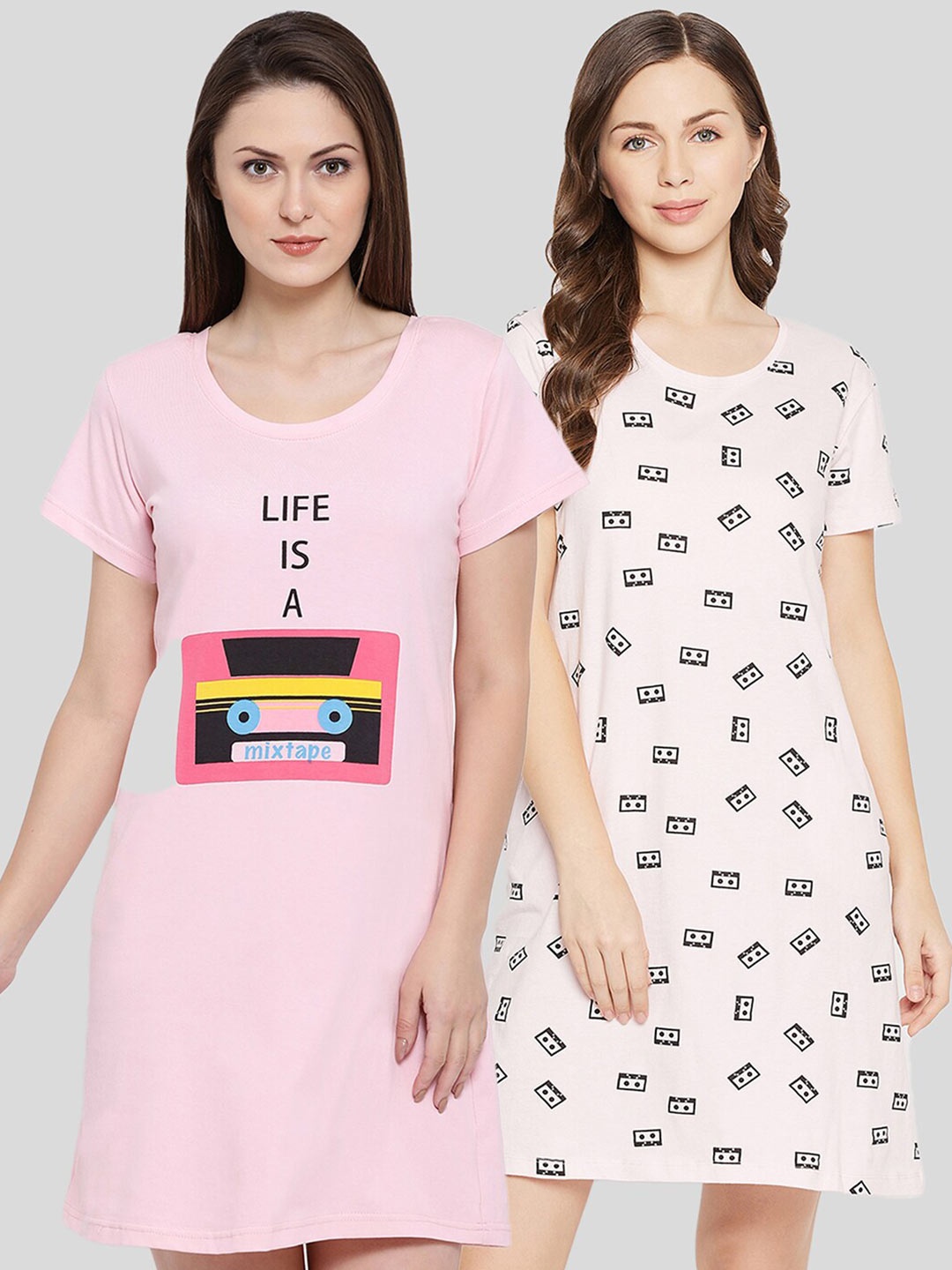 

Clovia Pack of 2 Printed Pure Cotton Nightdress, Pink