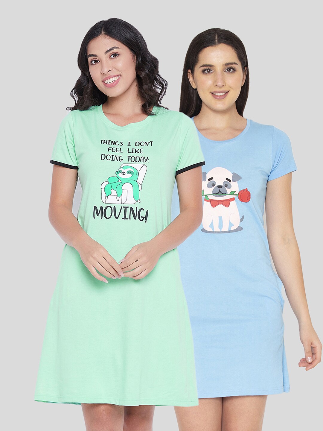 

Clovia Pack of 2 Printed Cotton T-shirt Nightdresses, Blue