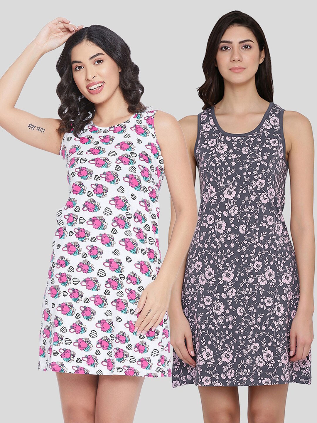 

Clovia Pack of 2 Printed Pure Cotton Nightdress, Grey