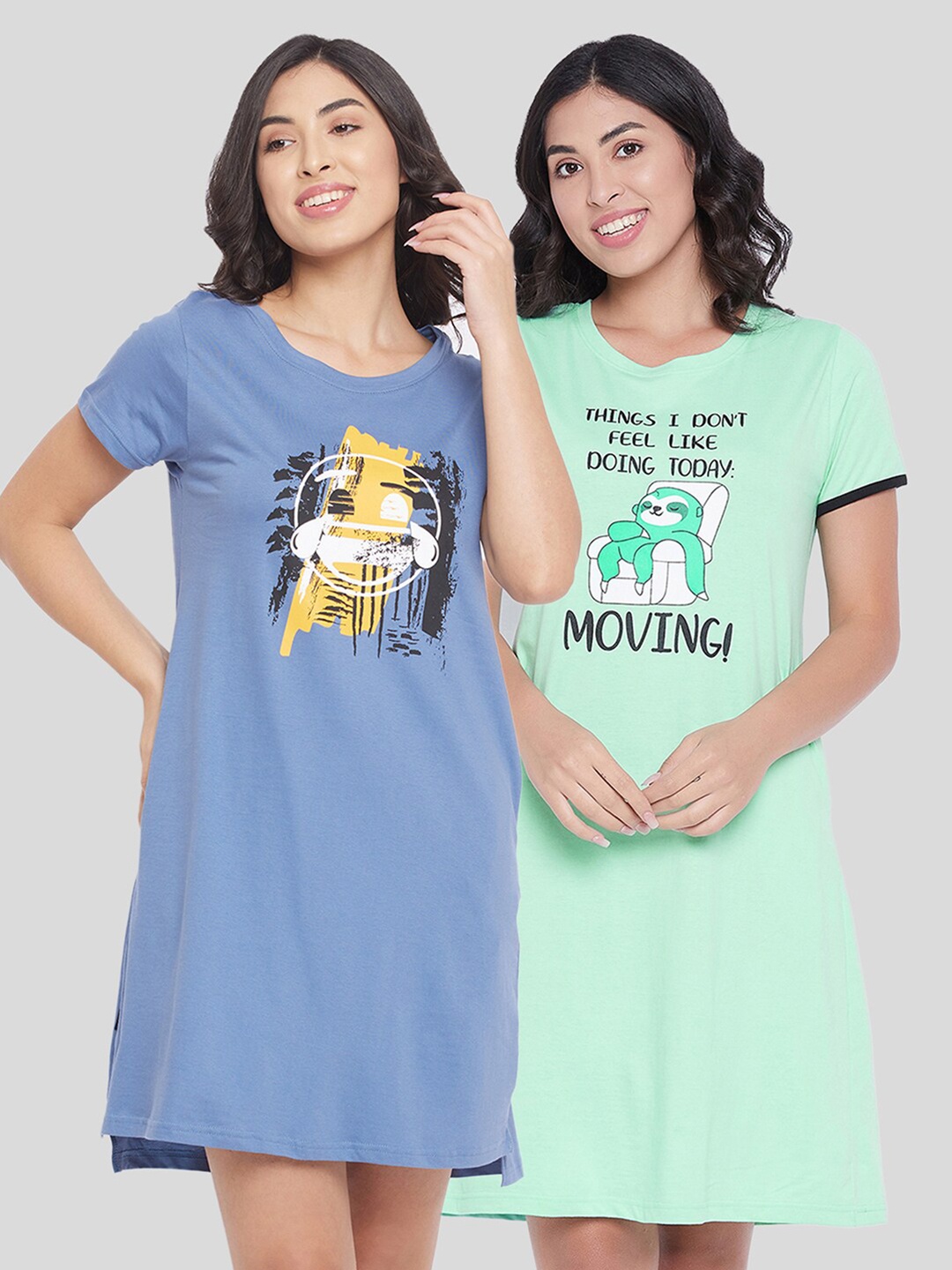 

Clovia Pack of 2 Cotton Printed Nightdress, Green