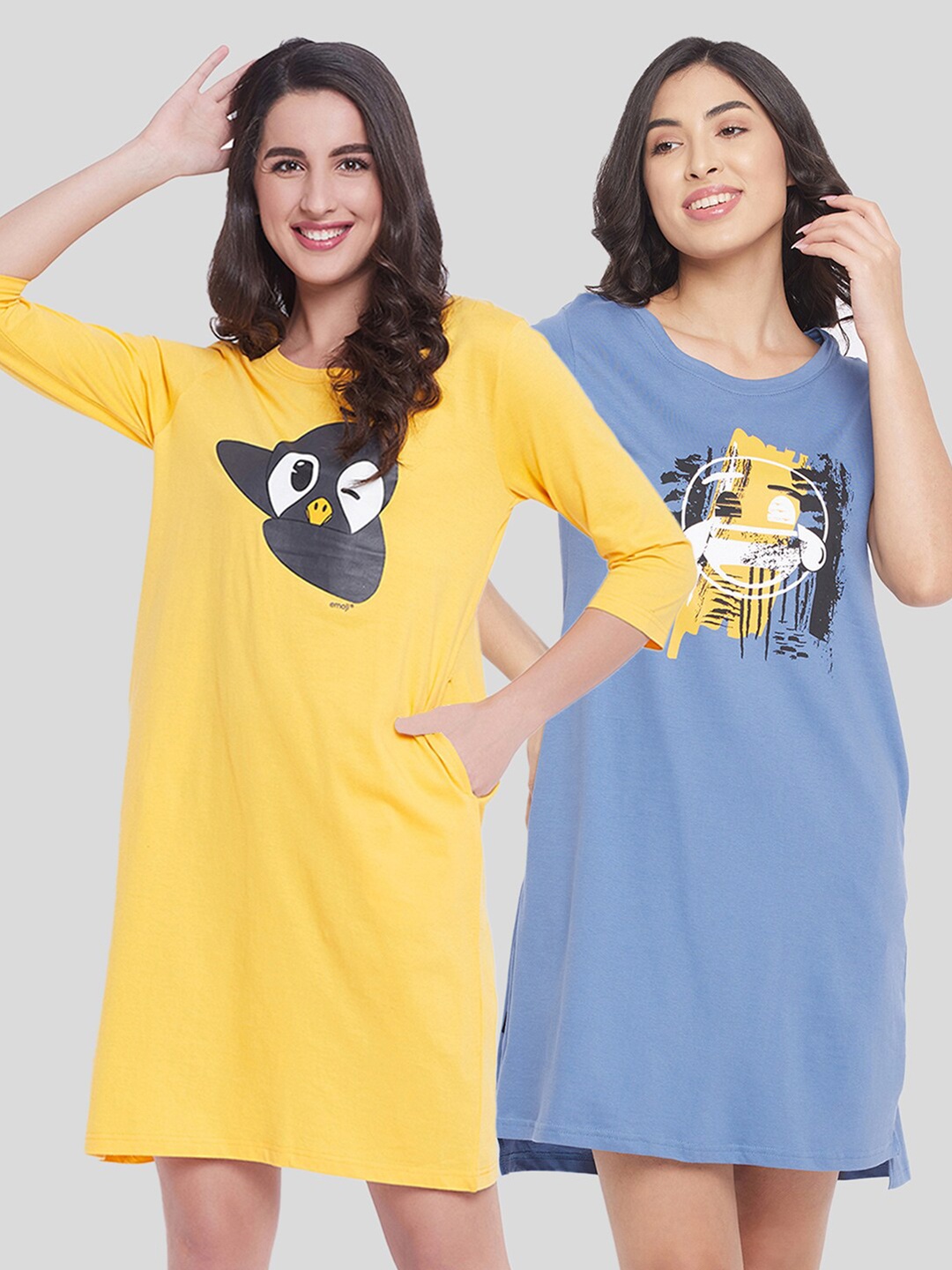 

Clovia Women Pack Of 2 Yellow & Blue Emoji Printed Pure Cotton Everyday Nightdress