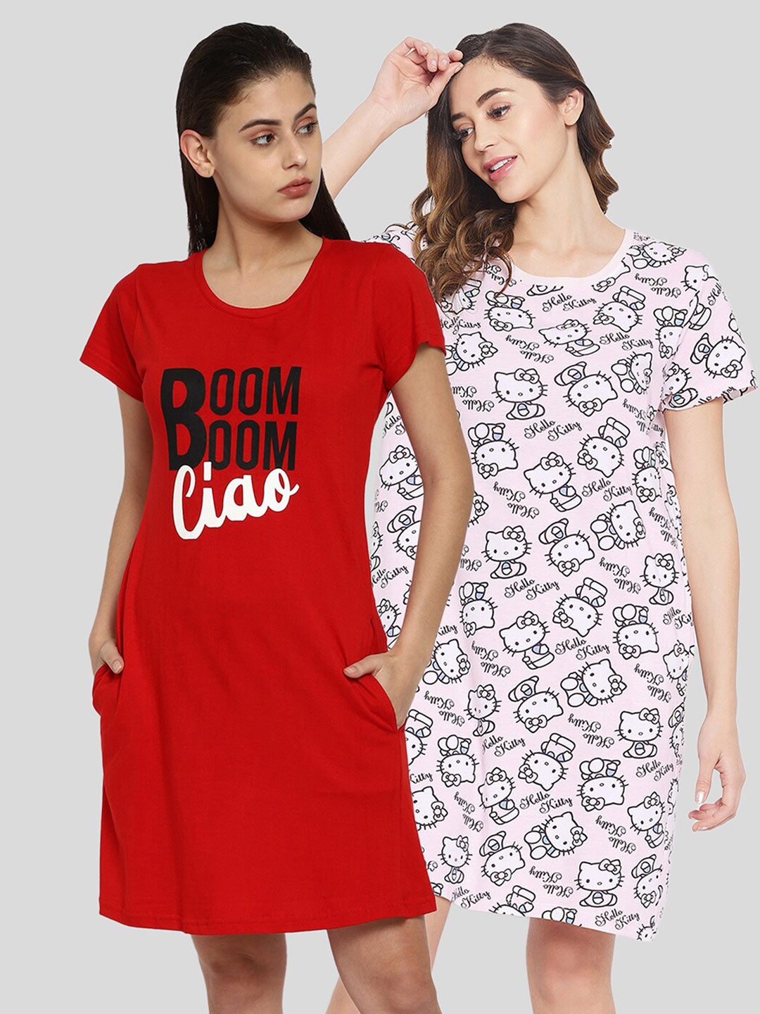 

Clovia Pack Of 2 Pure Cotton Printed Nightdress, Red