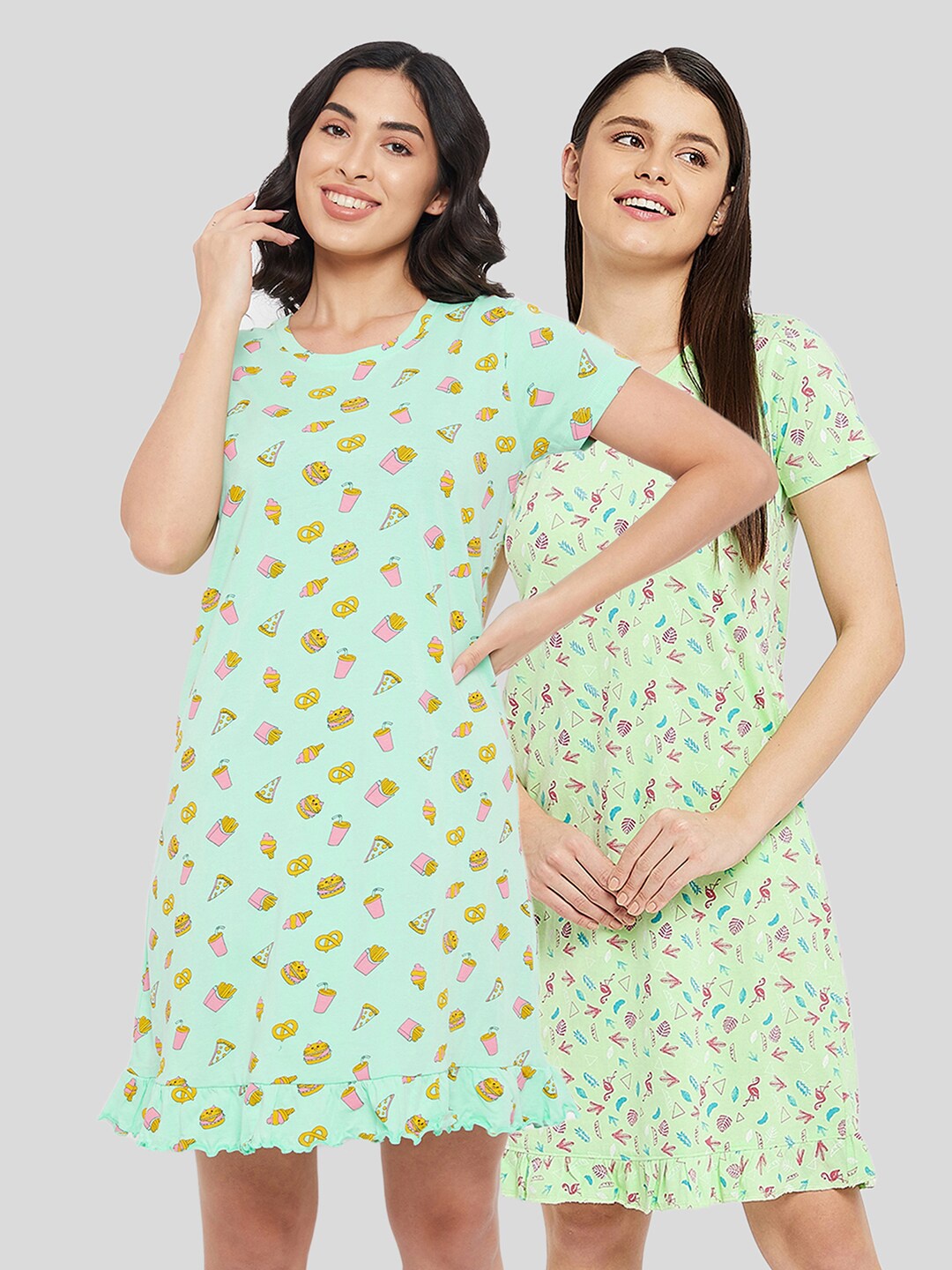 

Clovia Pack of 2 Green Printed Cotton Nightdress