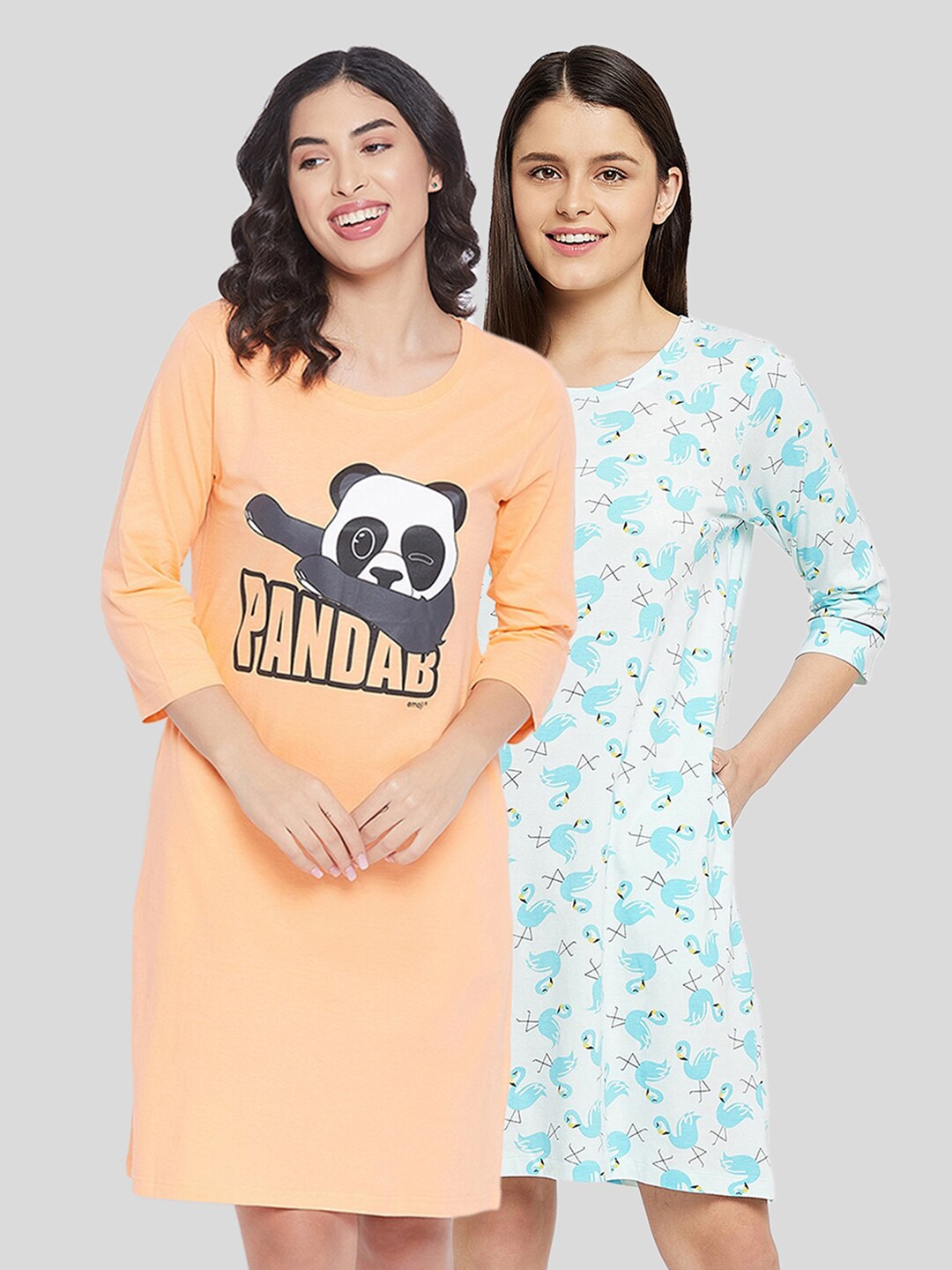 

Clovia Pack of 2 Cotton Printed Nightdress, Peach