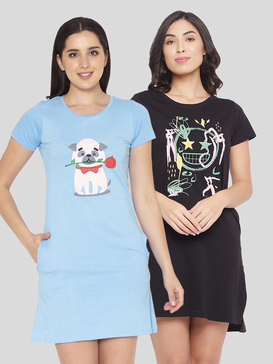 

Clovia Pack Of 2 Pure Cotton Printed Nightdress, Blue