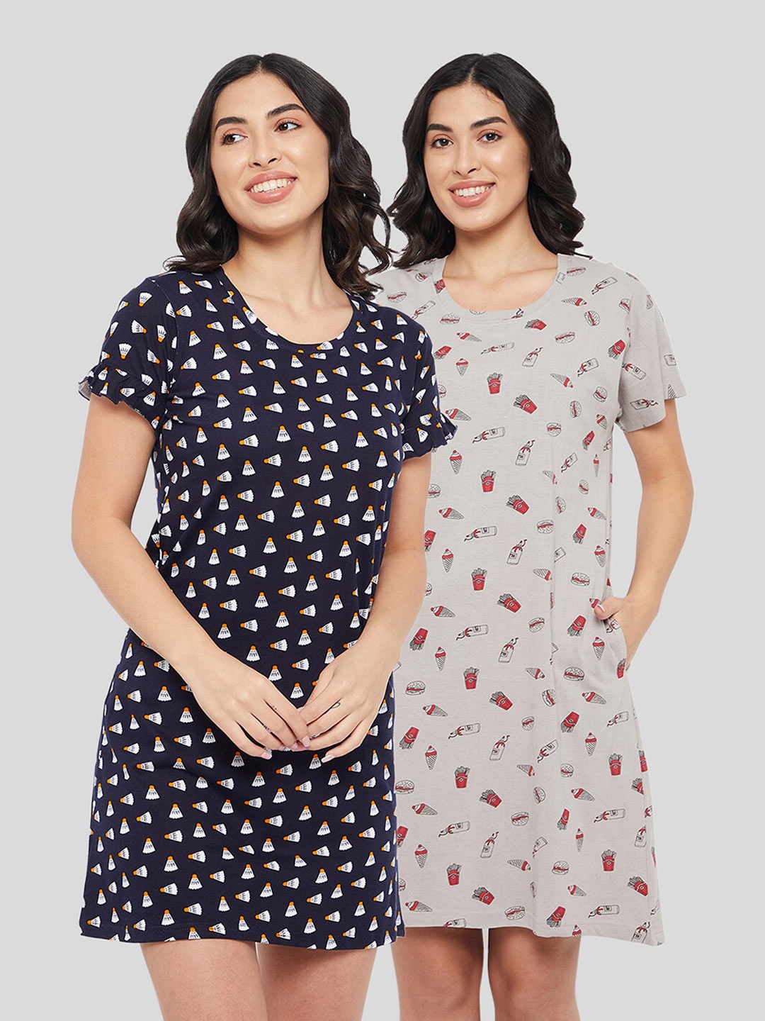 

Clovia Set of 2 Grey & Navy Blue Printed Cotton Nightdress