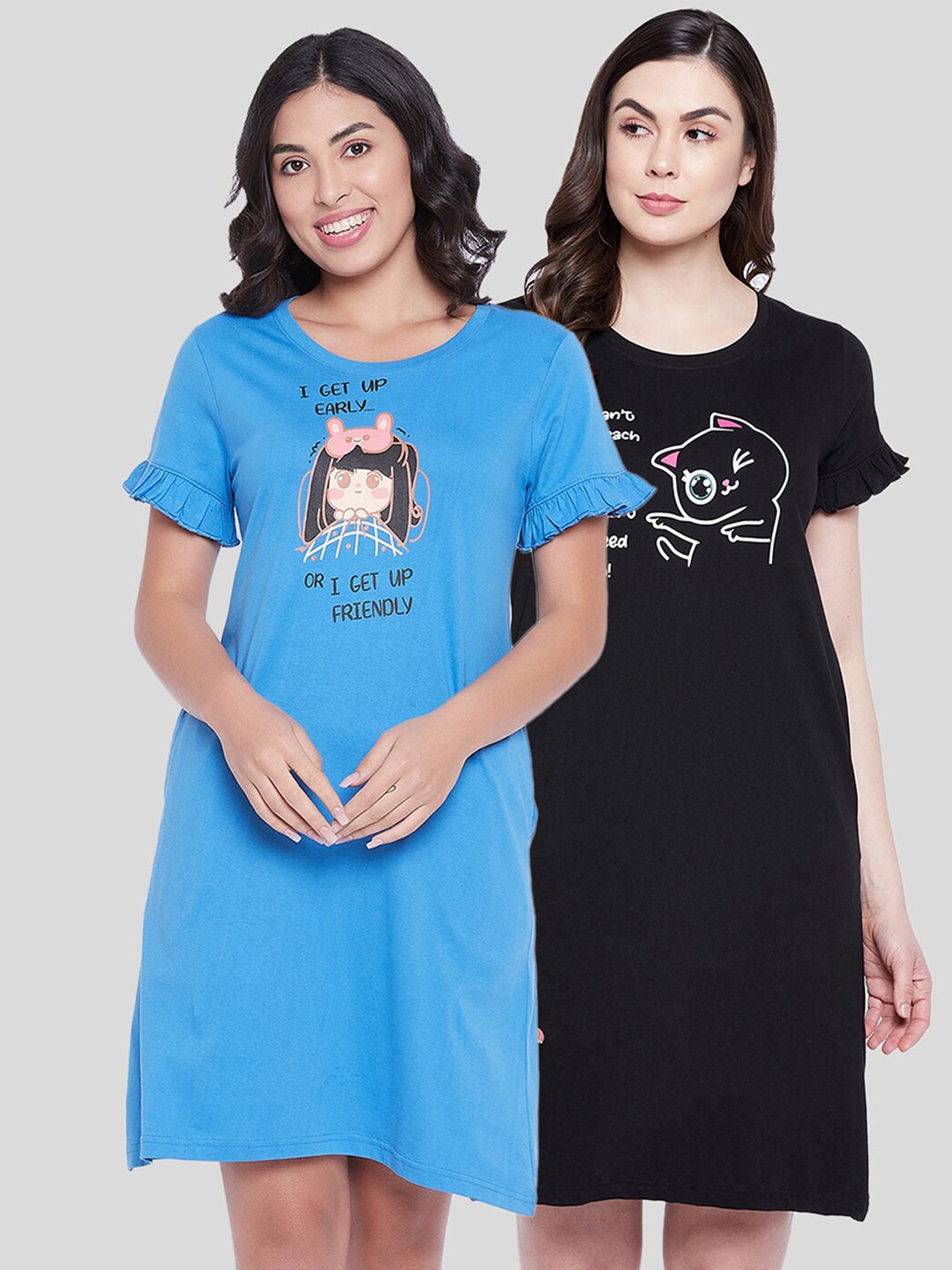 

Clovia Pack of 2 Black & Blue Printed Cotton Nightdress