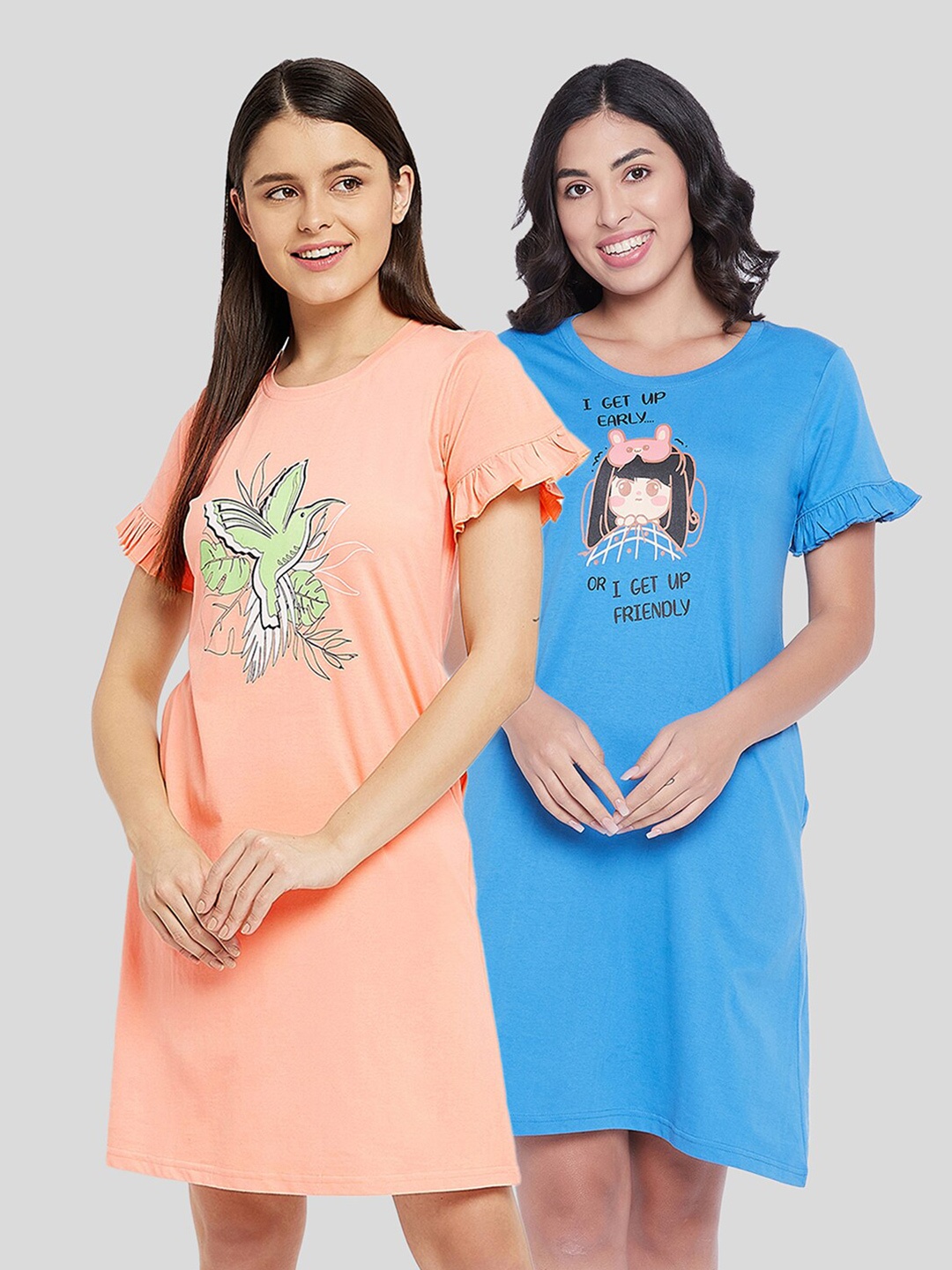 

Clovia Pack of 2 Peach-Coloured Printed Cotton Nightdress