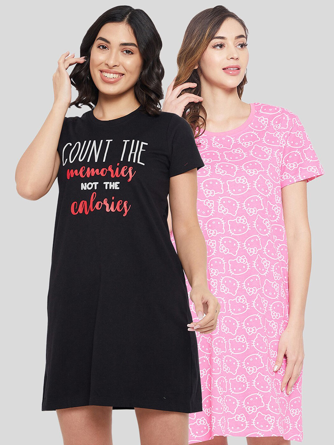 

Clovia Pack of 2 Cotton Printed Nightdress, Pink