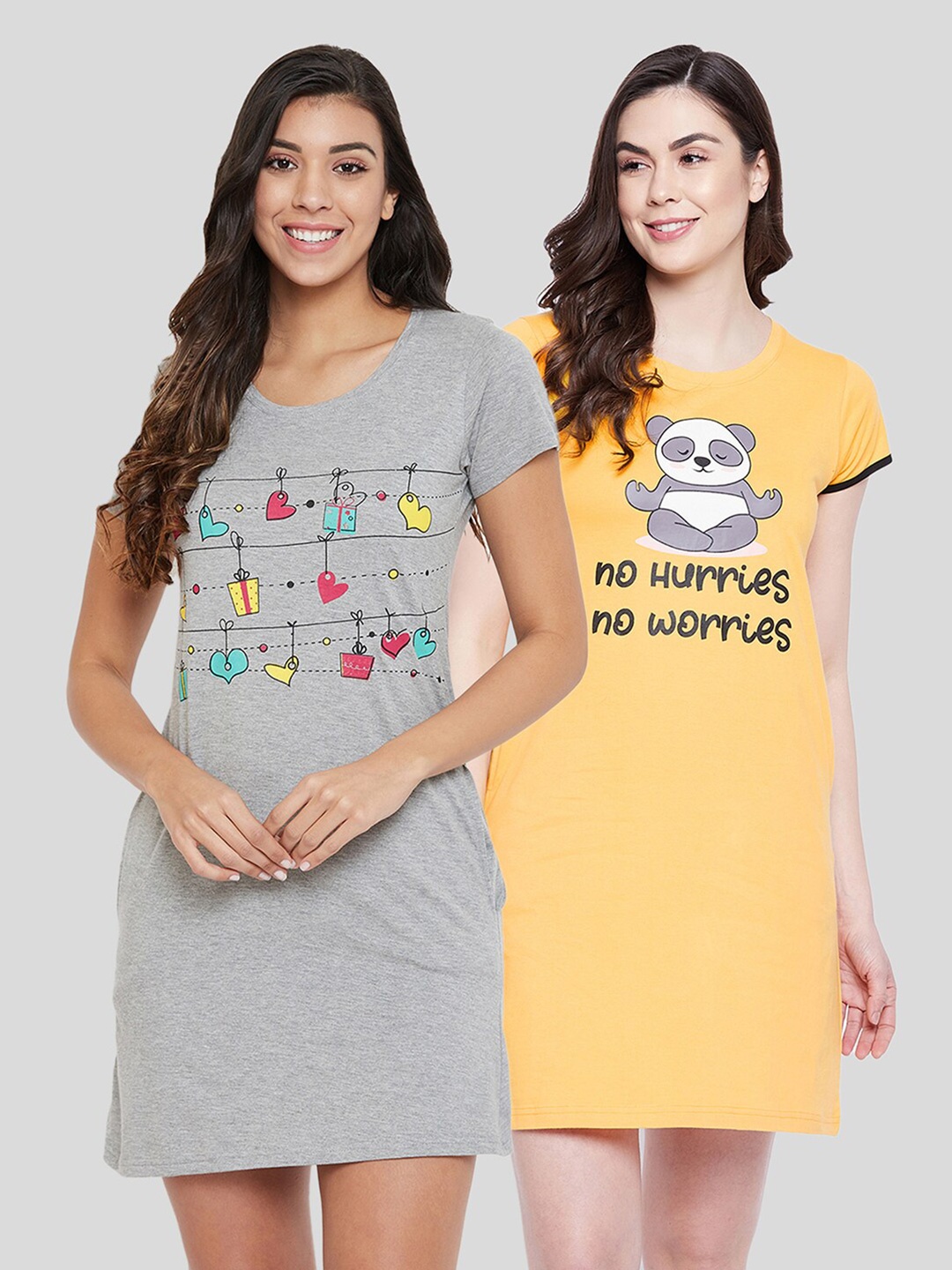 

Clovia Women Pack Of 2 Grey & Yellow Printed Pure Cotton Nightdress