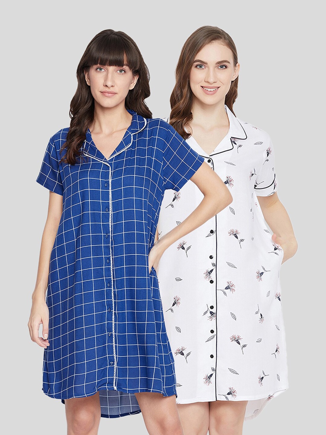 

Clovia Pack of 2 Checked Shirt Nightdresses, Blue