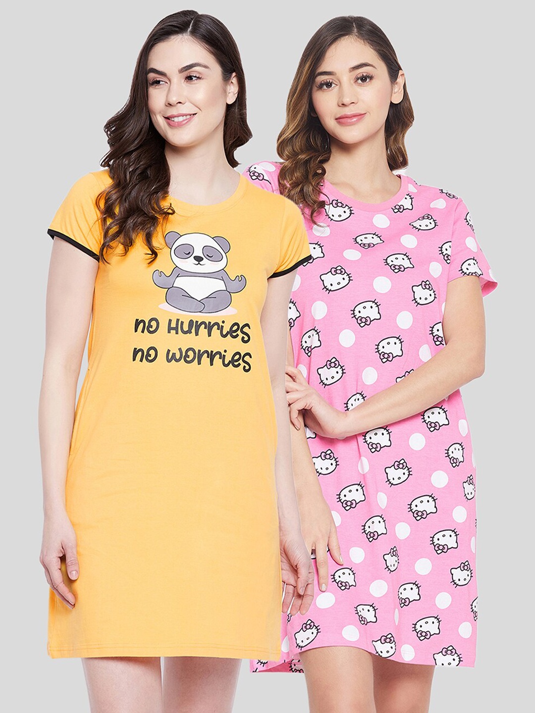 

Clovia Pack of 2 Pink Printed Cotton Nightdress