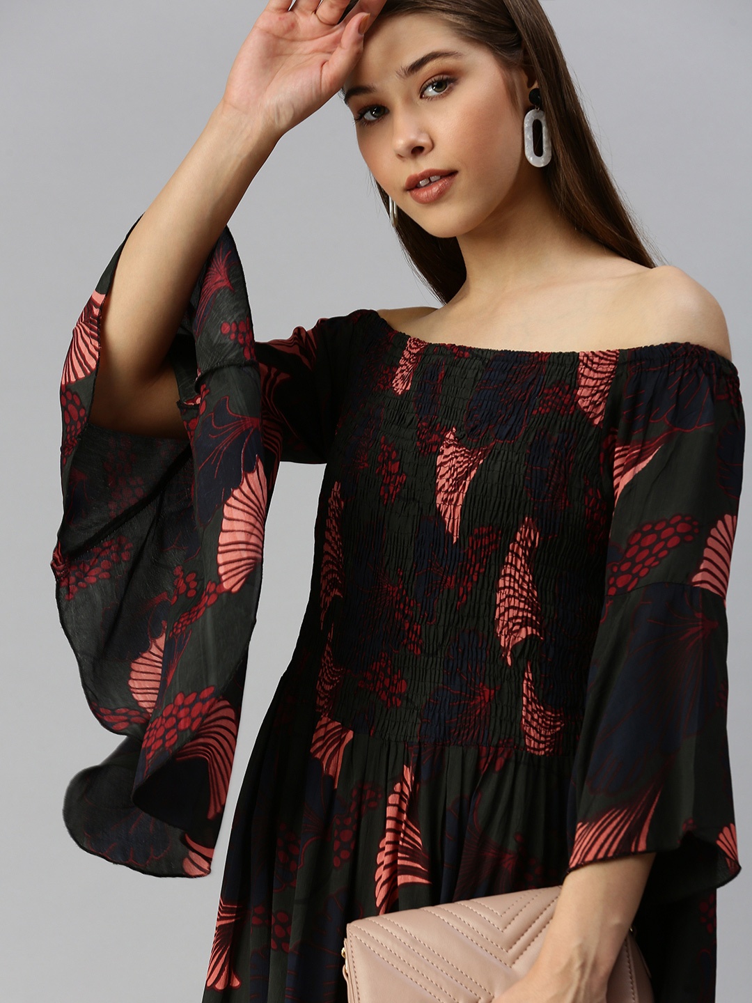 

SHOWOFF Green Floral Off-Shoulder A-Line Midi Dress