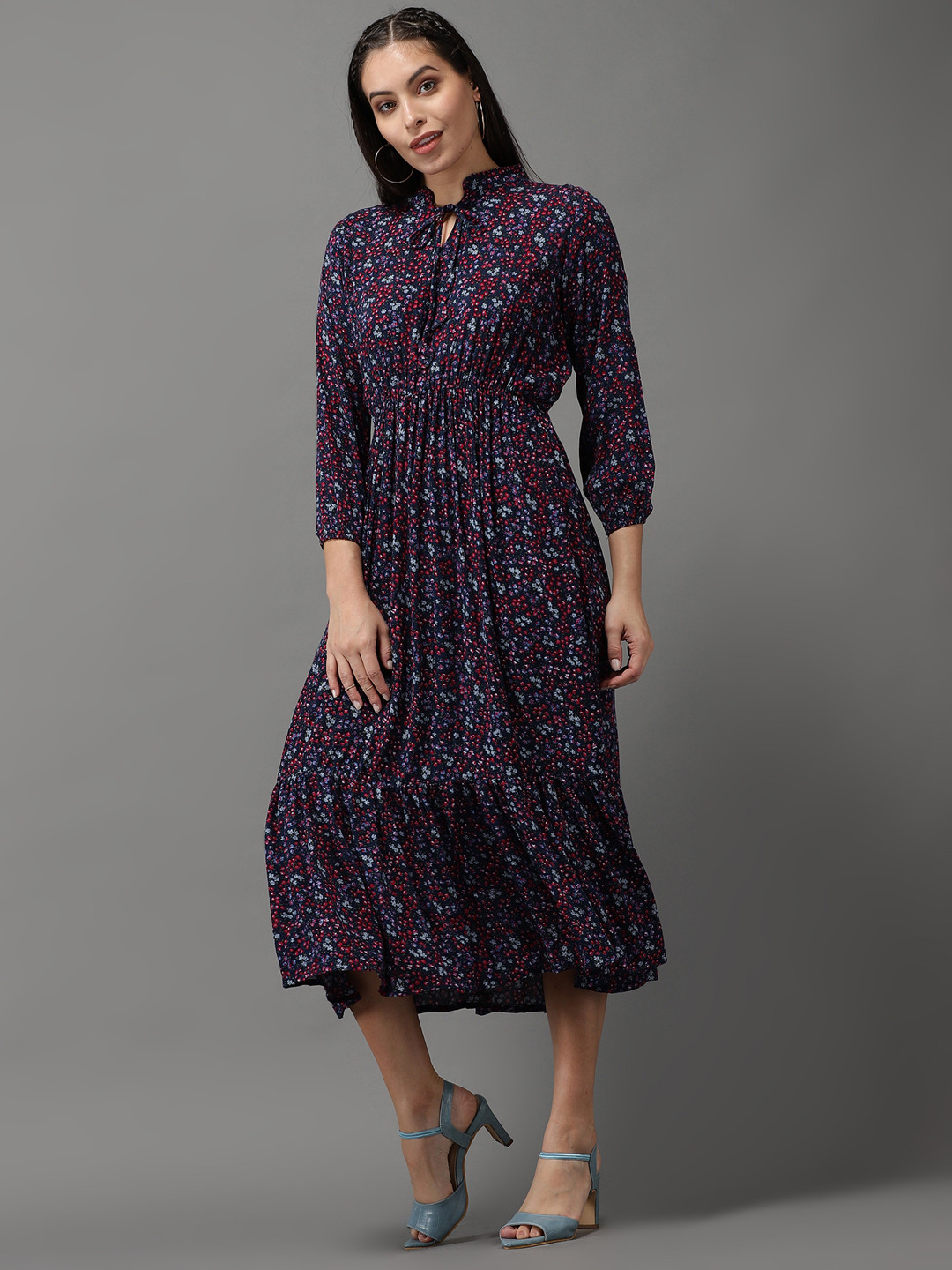 

SHOWOFF Navy Blue Floral Tie-Up Neck A-Line Dress