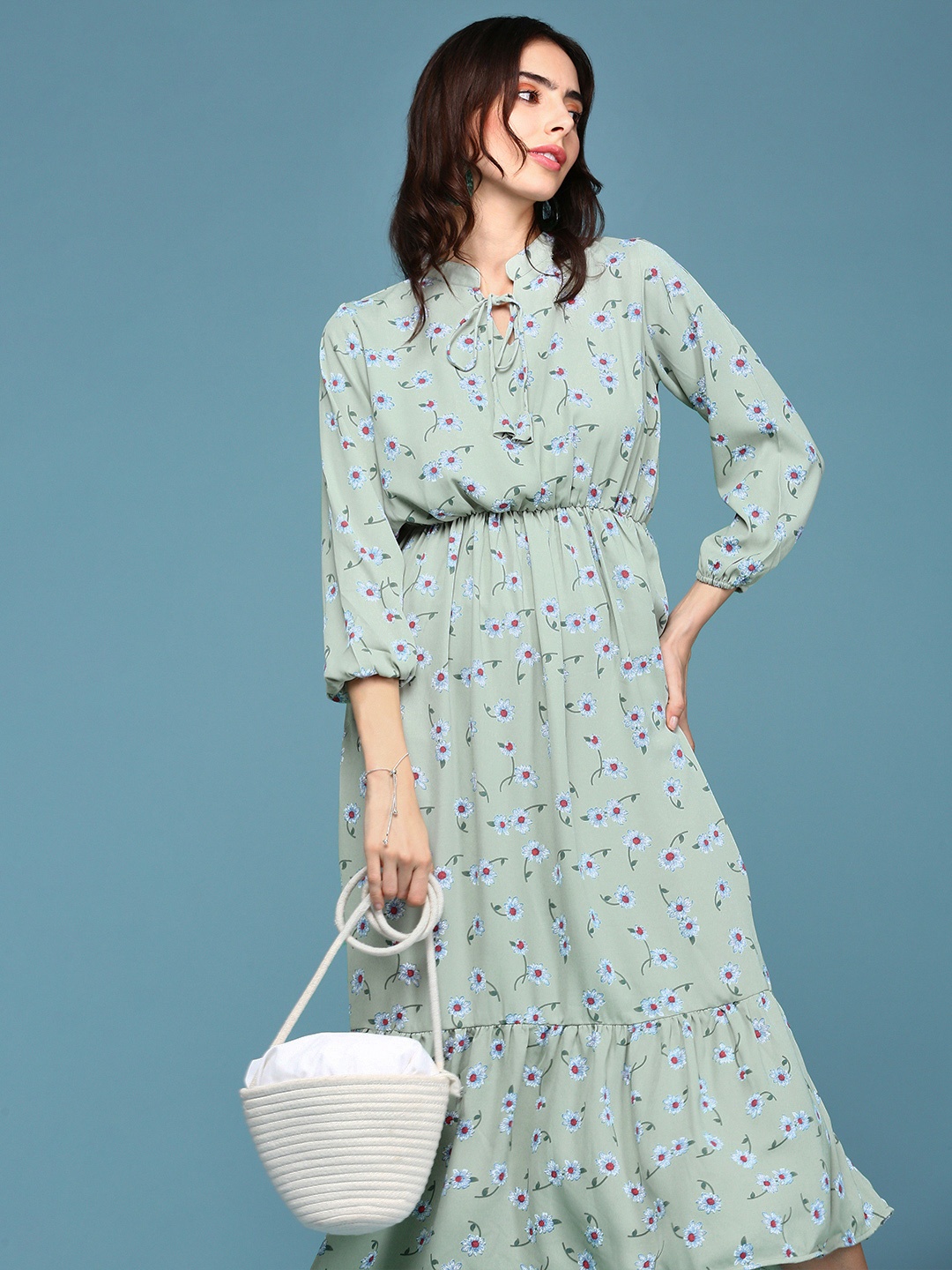 

SHOWOFF Green Floral Tie-Up Neck A-Line Dress