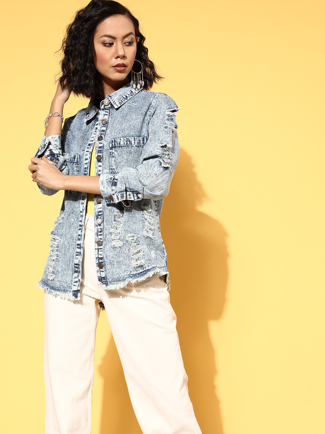 

SASSAFRAS Women Stunning Blue Solid Digication Denim Shirt