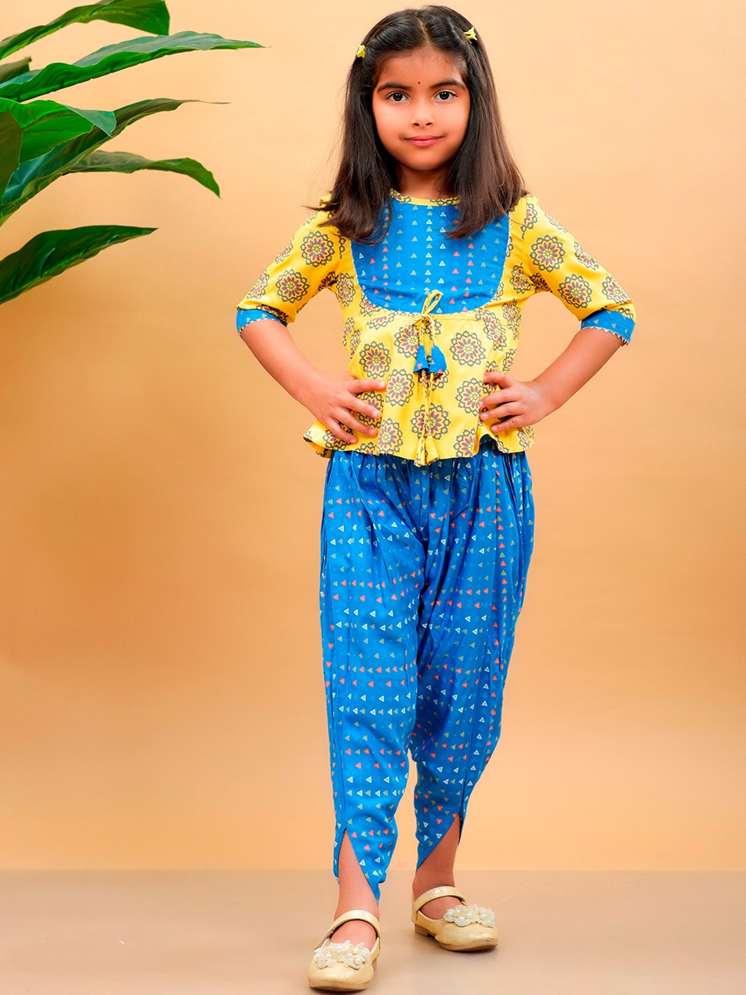 

misbis Girls Blue Ethnic Motifs Printed Pleated Kurti with Dhoti Pants