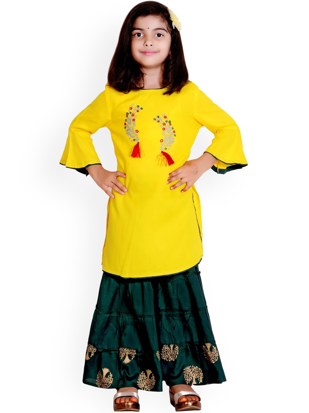 

misbis Girls Yellow Floral Embroidered Panelled Kurti with Palazzos