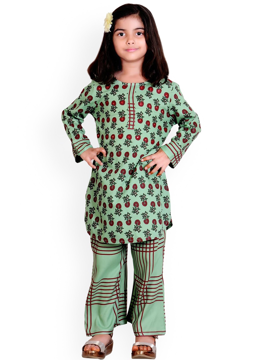

misbis Girls Green Printed Pleated Kurti with Trousers & With Dupatta