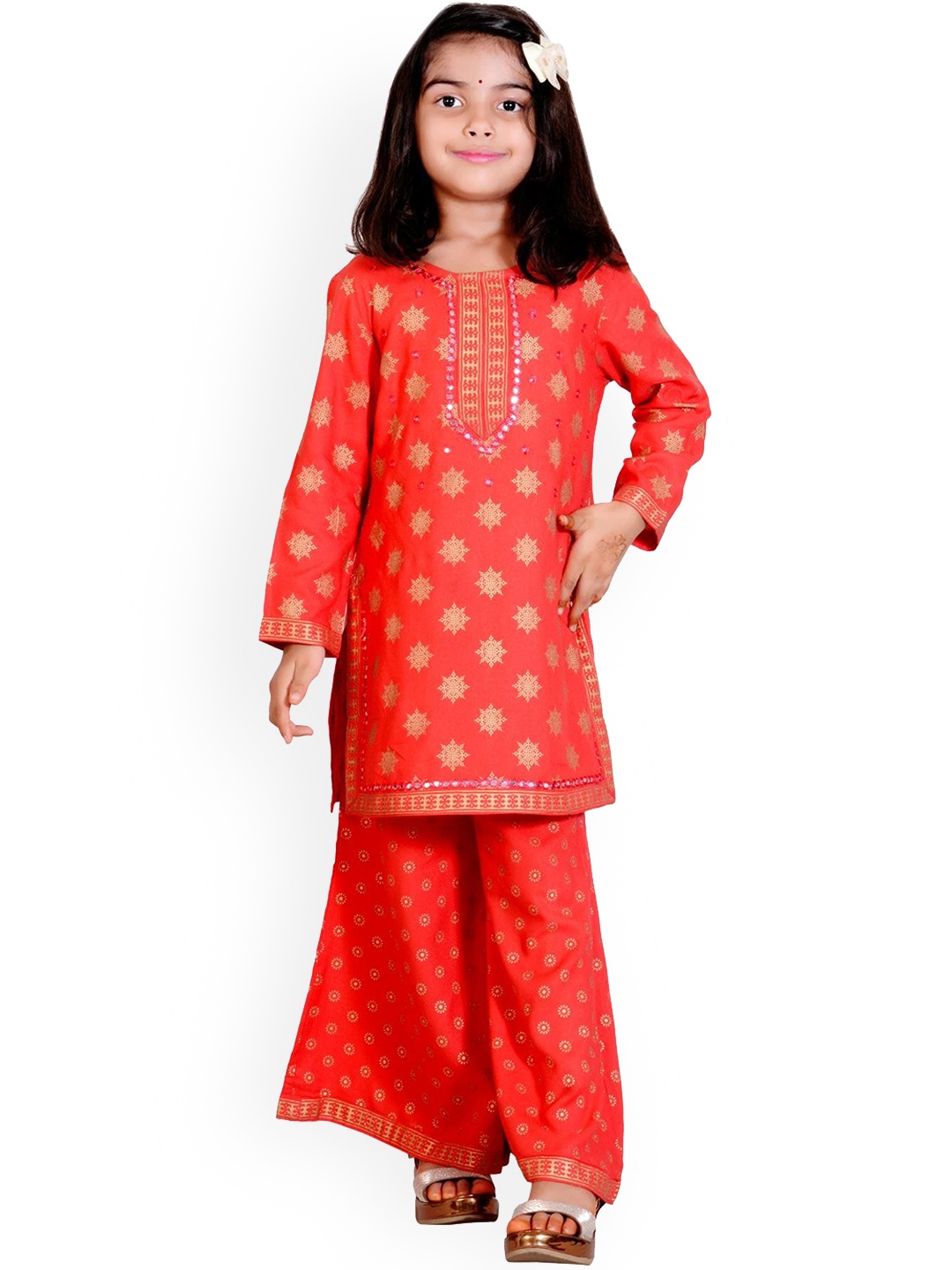 

misbis Girls Red Embroidered Kurti with Palazzos