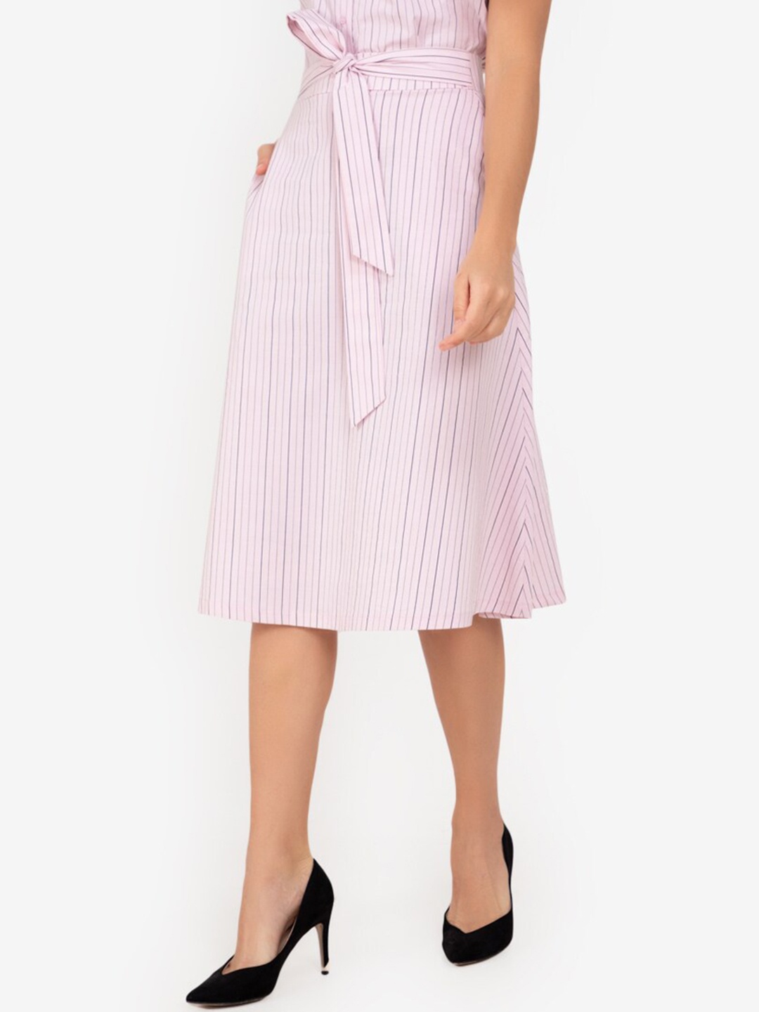 

ZALORA WORK Women Pink Striped Flared Skirt with Belt