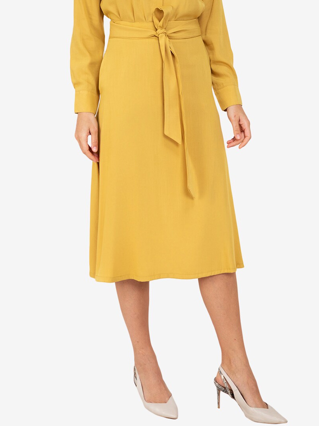 

ZALORA WORK Women Yellow Solid Flared Midi Skirt with Belt
