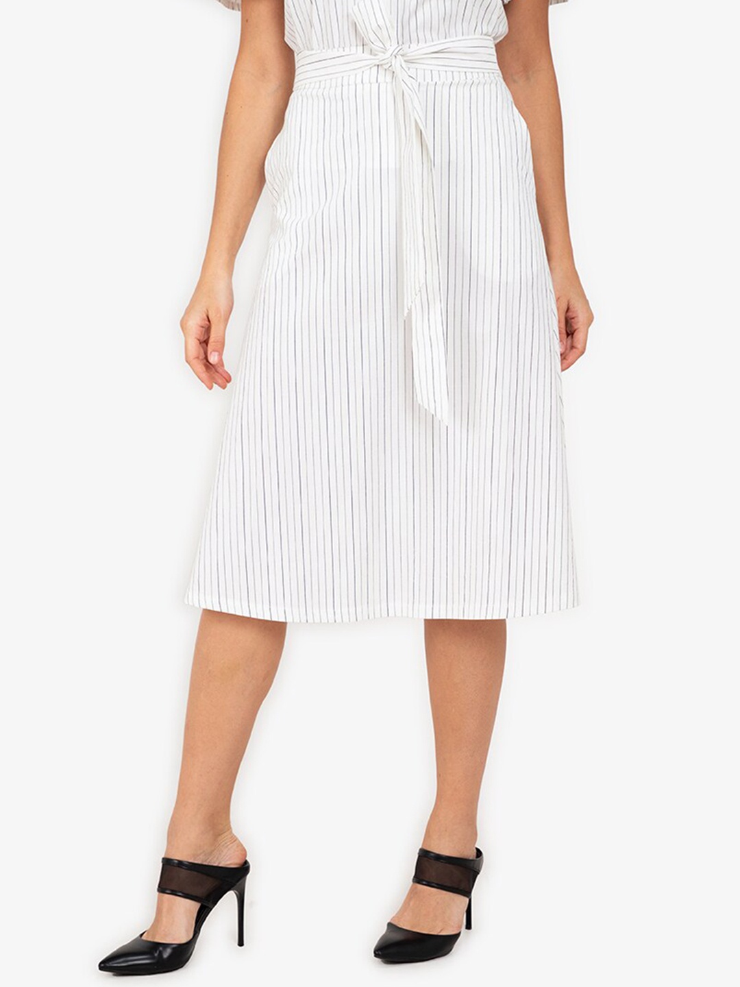 

ZALORA WORK Women WHite & Grey Striped Flared Pleated Midi Skirt