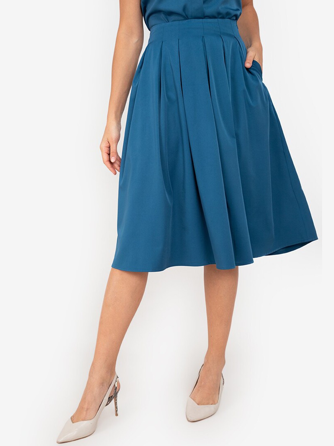 

ZALORA WORK Women Blue Flared Pleated Midi Skirt, Teal
