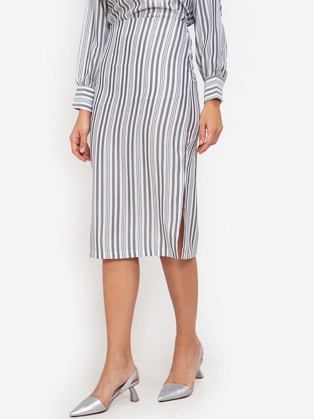 

ZALORA WORK Women White & Grey Striped A-Line Side Slit Skirt