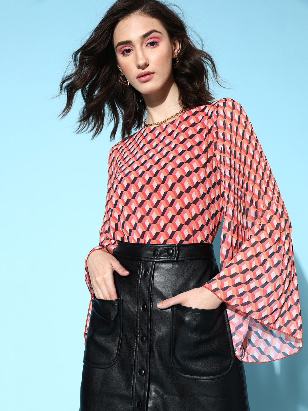

SASSAFRAS Bright Orange Geometric Pleated Form Top