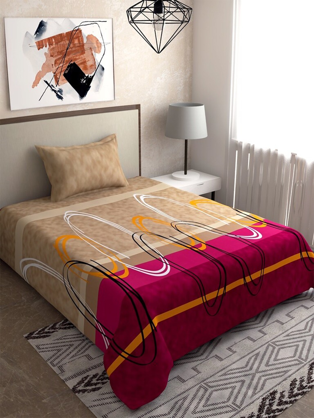 

Salona Bichona Coral & Tan Geometric 120 TC Single Bedsheet with 1 Pillow Covers