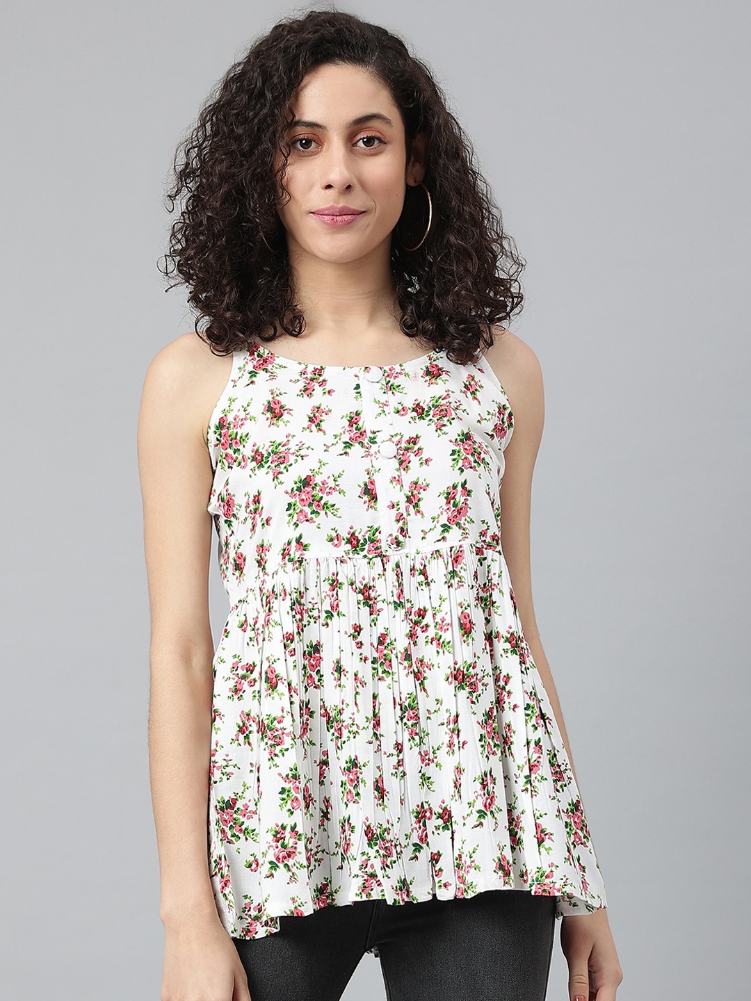 

Wabii Women White & Pink Floral Print Peplum Top